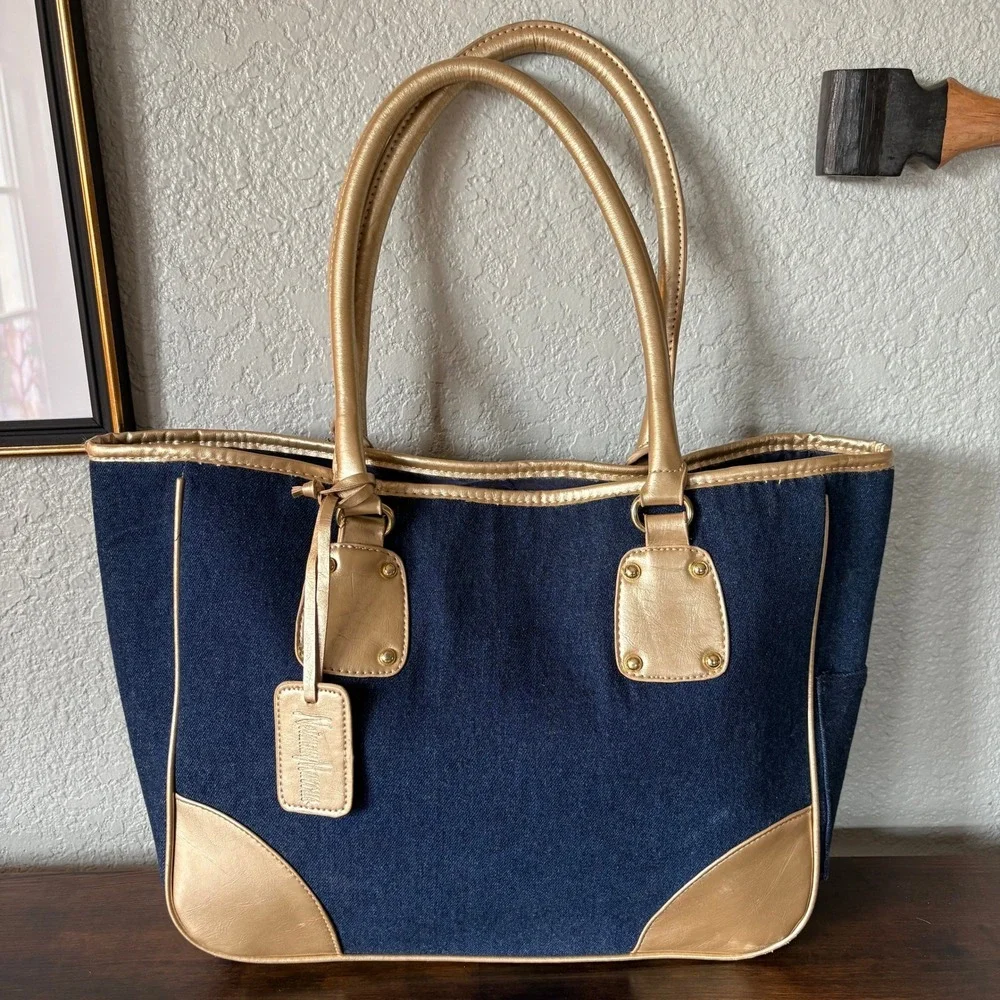 Neiman Marcus Denim & Metallic Gold Faux Leather Tote Bag Large Y2K Shoulder Bag